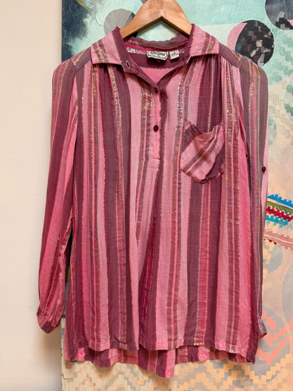 Vintage Indian Cotton Gauze Blouse Pink Metallic Stripes Size small